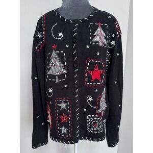 Vtg Knit Cardigan Sweater XL Patchwork Appliqué Christmas Grannycore Cottagecore